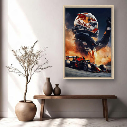 Max Verstappen Red Bull framed canvas print showcasing racing excitement and style in modern home decor.