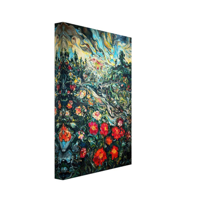 Abstract Floral Landscape Canvas Print featuring vibrant flowers and swirling colors in a dreamy field setting.