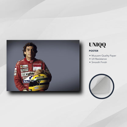 Ayrton Senna poster on premium paper, showcasing his iconic racing spirit and vibrant colors. Perfect for motorsport fans.