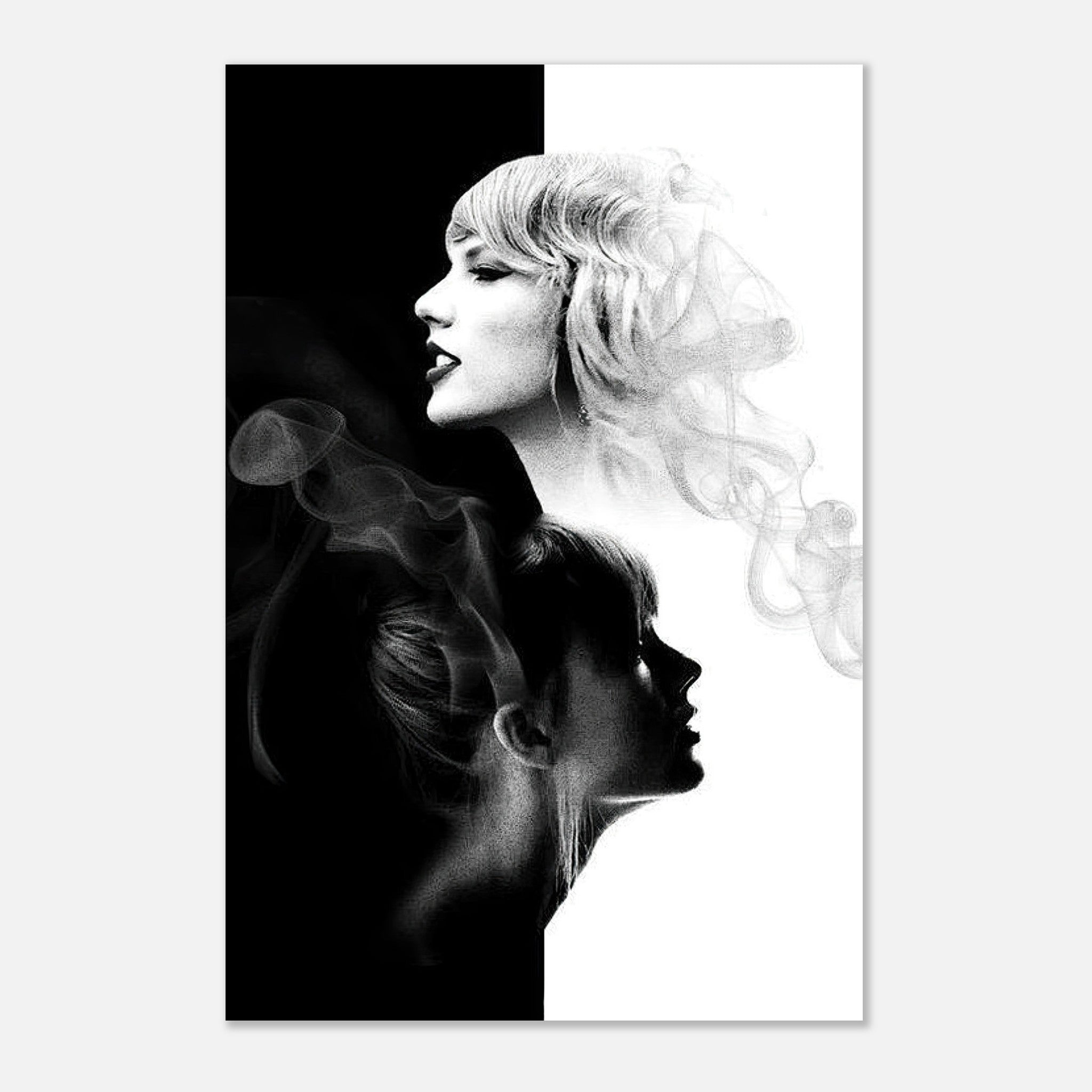 Taylor Swift black and white metal print featuring elegant dual-tone design with iconic imagery and artistic smoke effects.