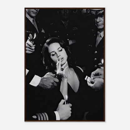 Lana Del Rey smoking framed print, black-and-white vintage Hollywood aesthetic with striking charm.