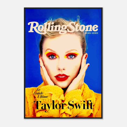 Taylor Swift Rolling Stone magazine cover framed print featuring vibrant colors and striking portrait of the artist.