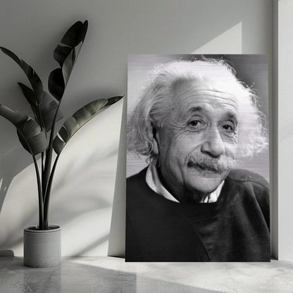 Brushed metal print of Albert Einstein (1946), showcasing a black and white portrait with warmth and wisdom.