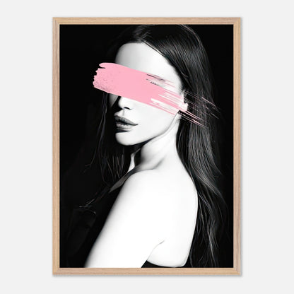 Vintage framed print of a monochromatic portrait with a pink brushstroke obscuring the eyes, showcasing modern minimalism.