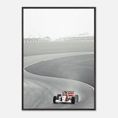 1988 Ayrton Senna McLaren MP4/4 racing around a track in framed Giclée fine art print. Captures speed and precision in Formula 1.