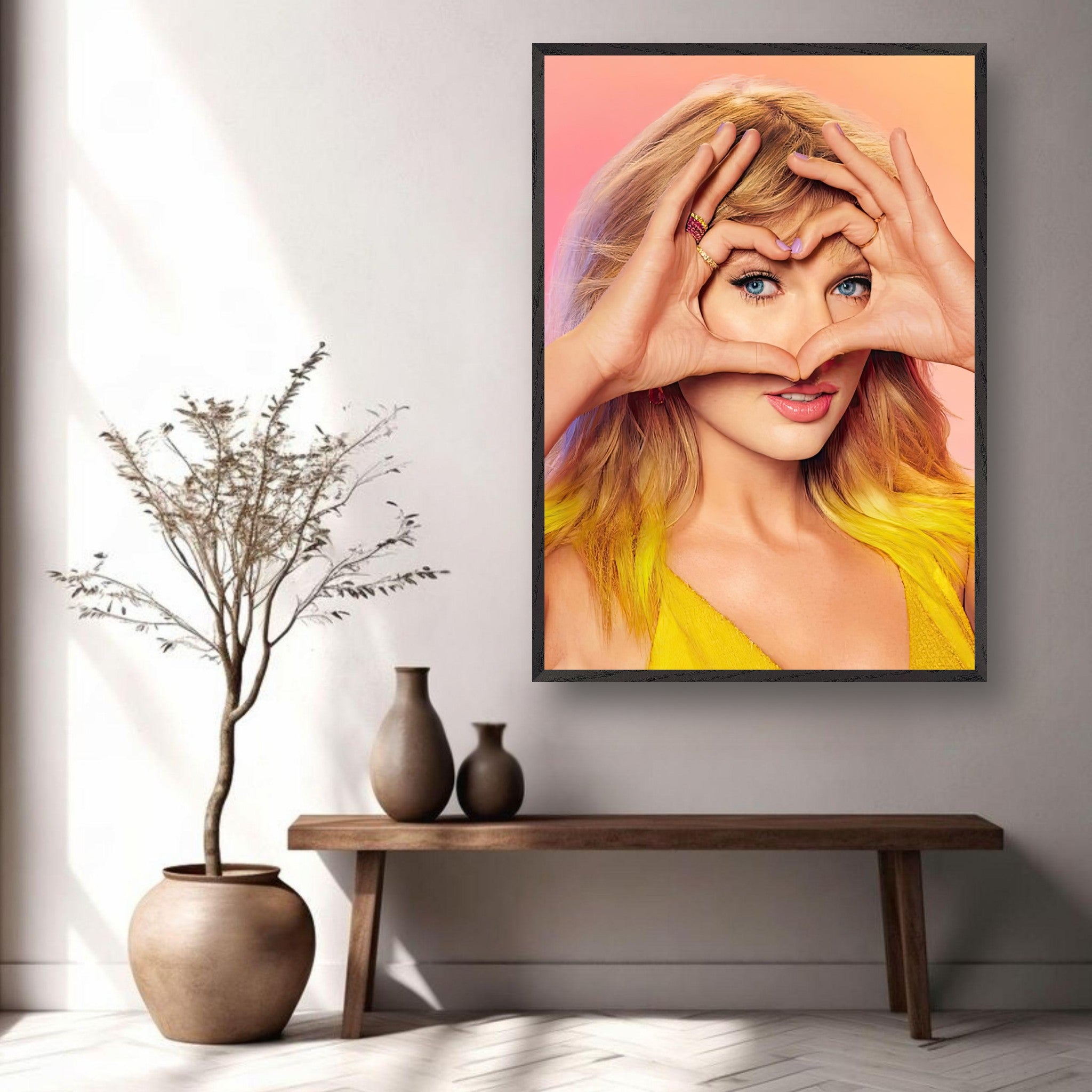 Vintage framed print of Taylor Swift making a heart gesture, bright colors, ideal for fans and decor.