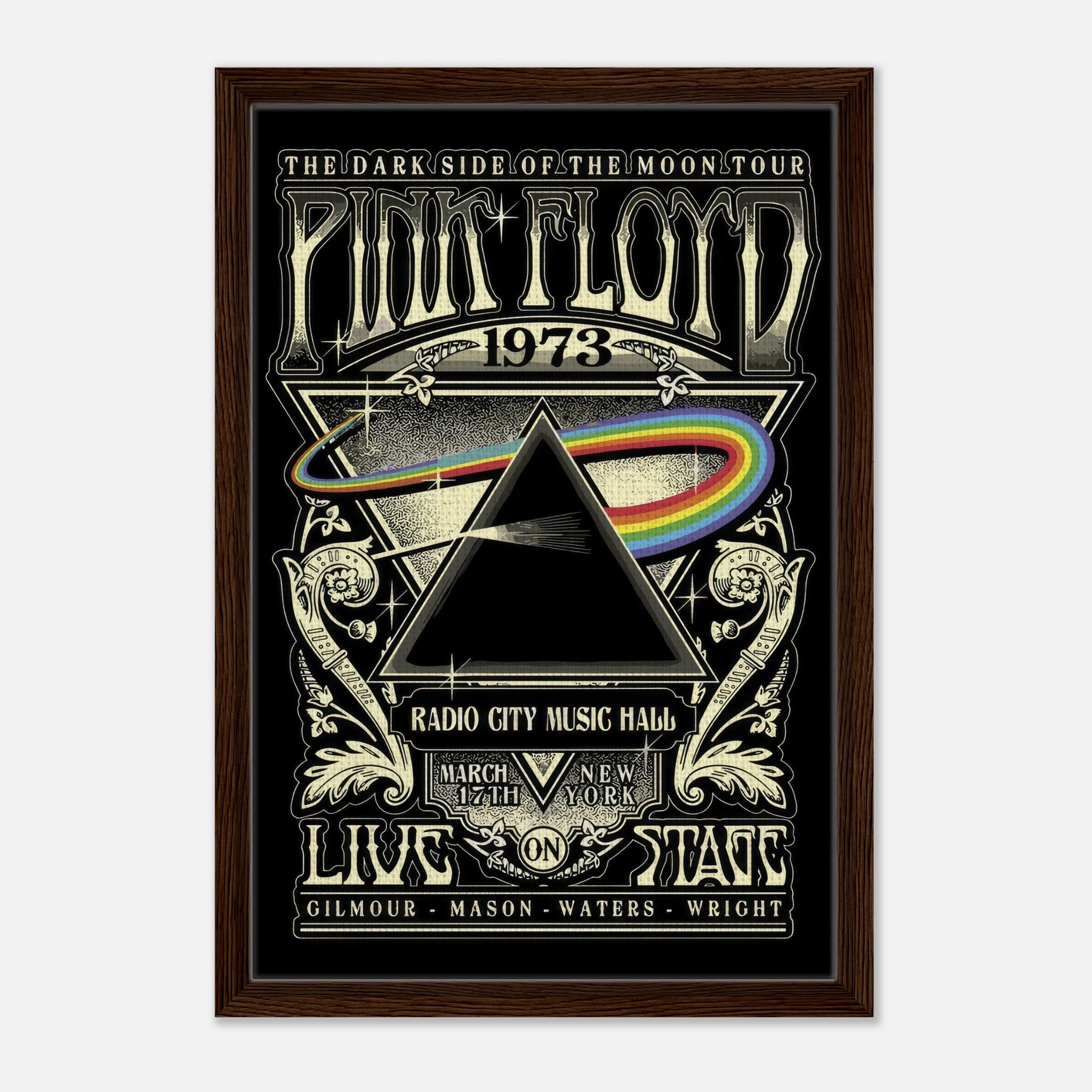 Pink Floyd 1973 Dark Side of the Moon tour framed canvas print with iconic prism artwork, Radio City Music Hall.