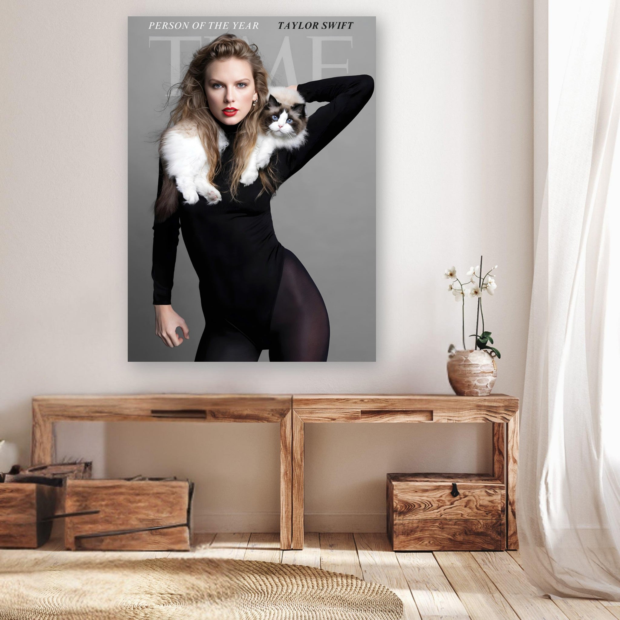 Taylor Swift Time Magazine poster featuring her in a black outfit with a cat, displayed in a stylish home interior.