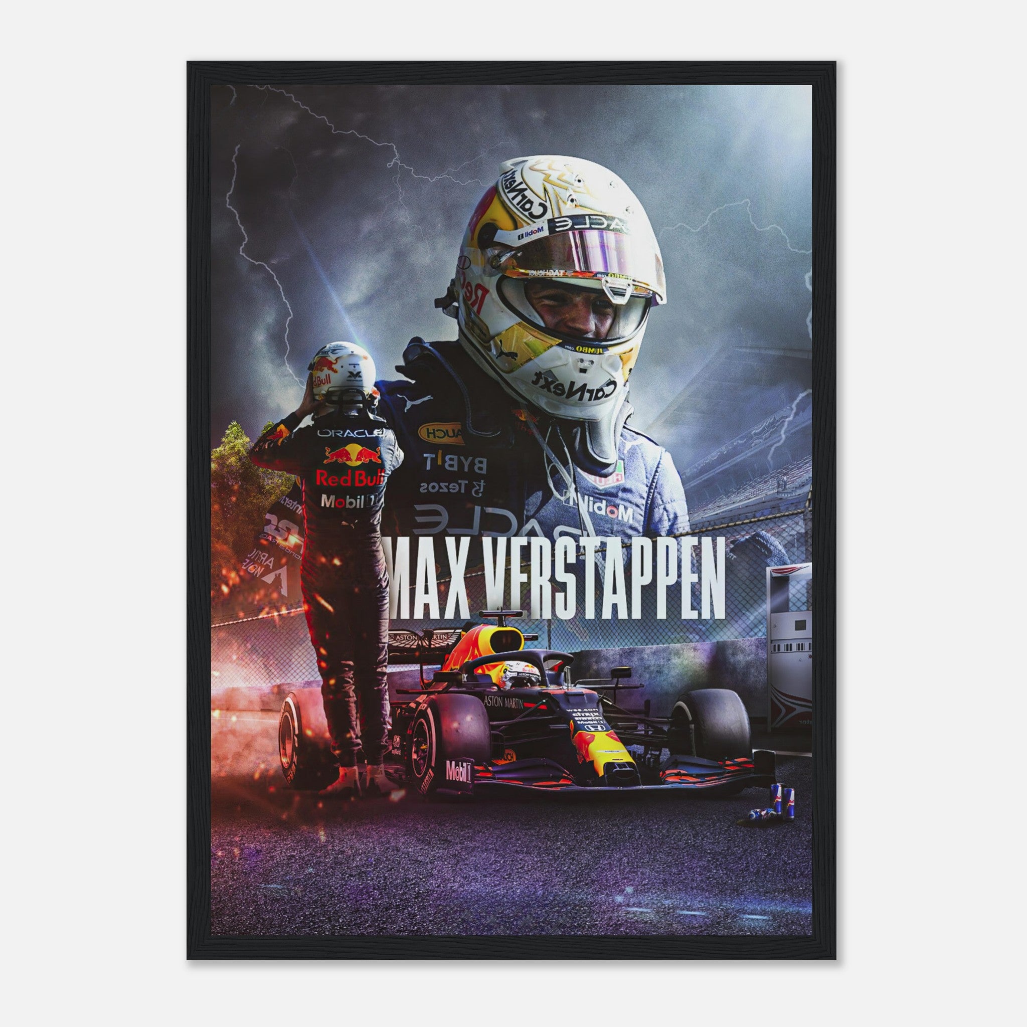 Max Verstappen Red Bull Racing framed print showcasing dynamic artwork of the F1 superstar in action.