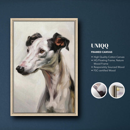 Framed canvas print of a greyhound dog portrait, showcasing elegance and artistic detail in a natural wood frame.