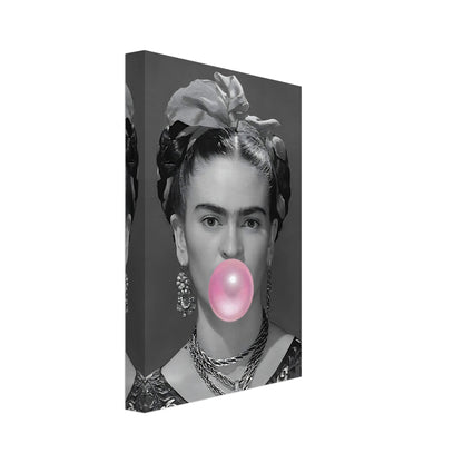 Frida Kahlo Bubble Gum Canvas featuring a grayscale portrait with vibrant pink bubble gum detail, perfect for pop art lovers.