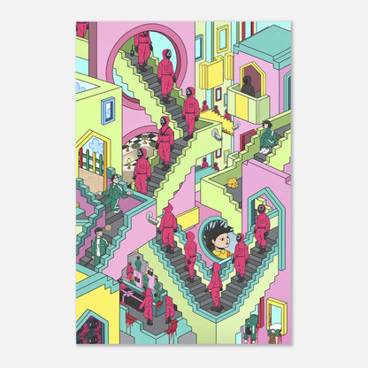 Squid Game Stairs metal print featuring vibrant artwork inspired by the iconic staircase scene with intricate details and bold colors.