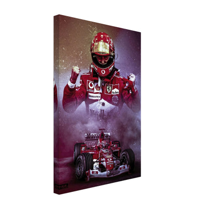 Michael Schumacher canvas artwork depicting the F1 champion in Ferrari gear, celebrating speed and triumph.