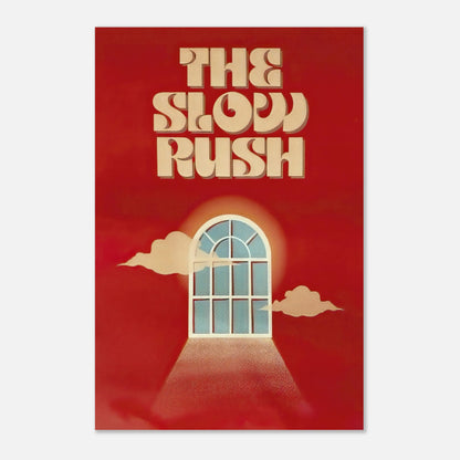 The Slow Rush metal poster featuring a vibrant red background and arched window design inspired by Tame Impala's album.