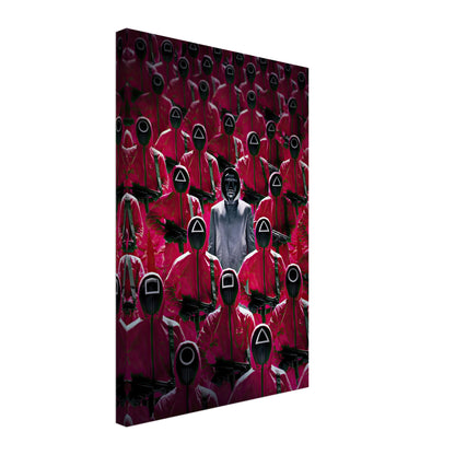 Squid Game Guards canvas print featuring a figure surrounded by masked guards in vivid red uniforms.