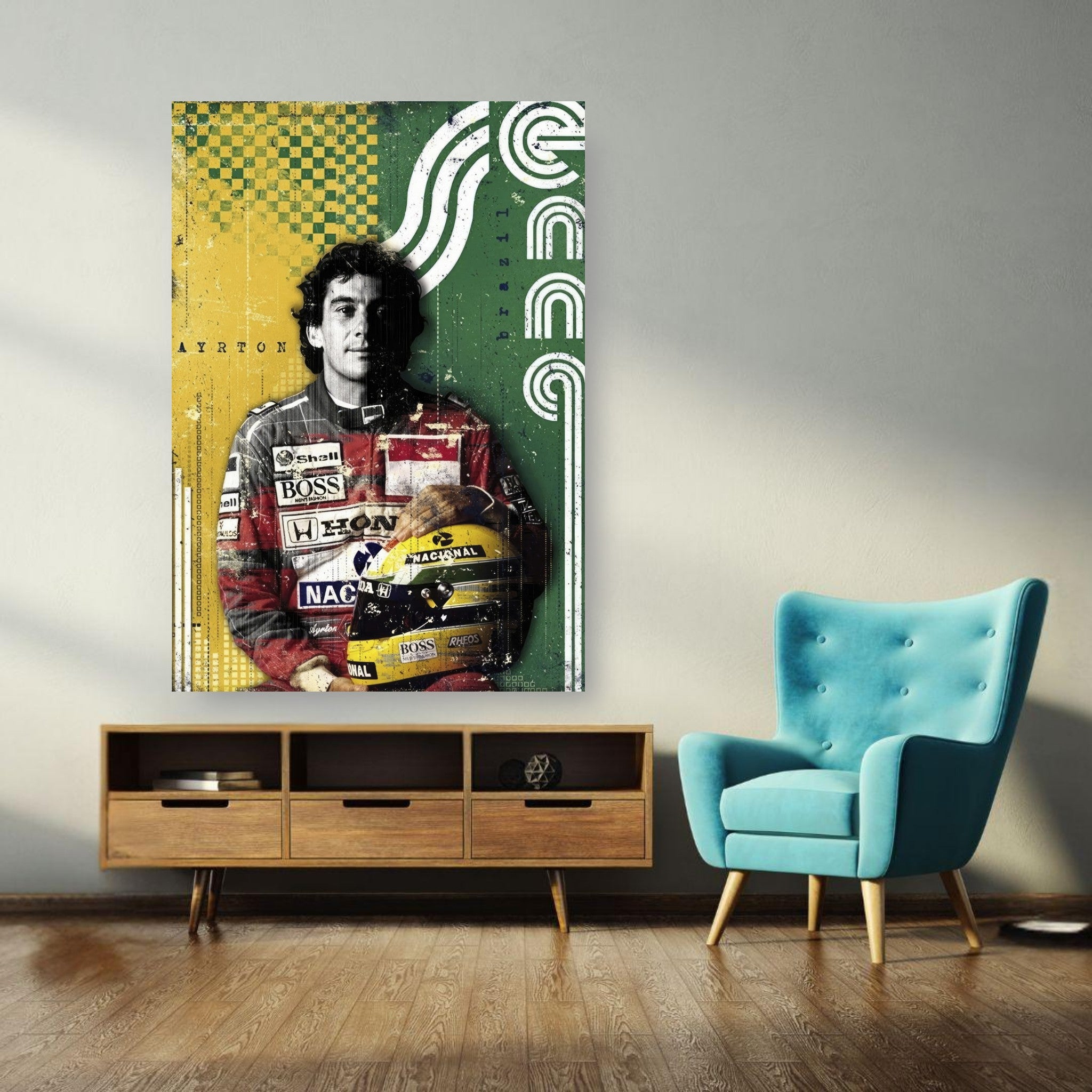 Ayrton Senna F1 Legend Poster showcasing vibrant colors and dynamic design, perfect for motorsport enthusiasts.