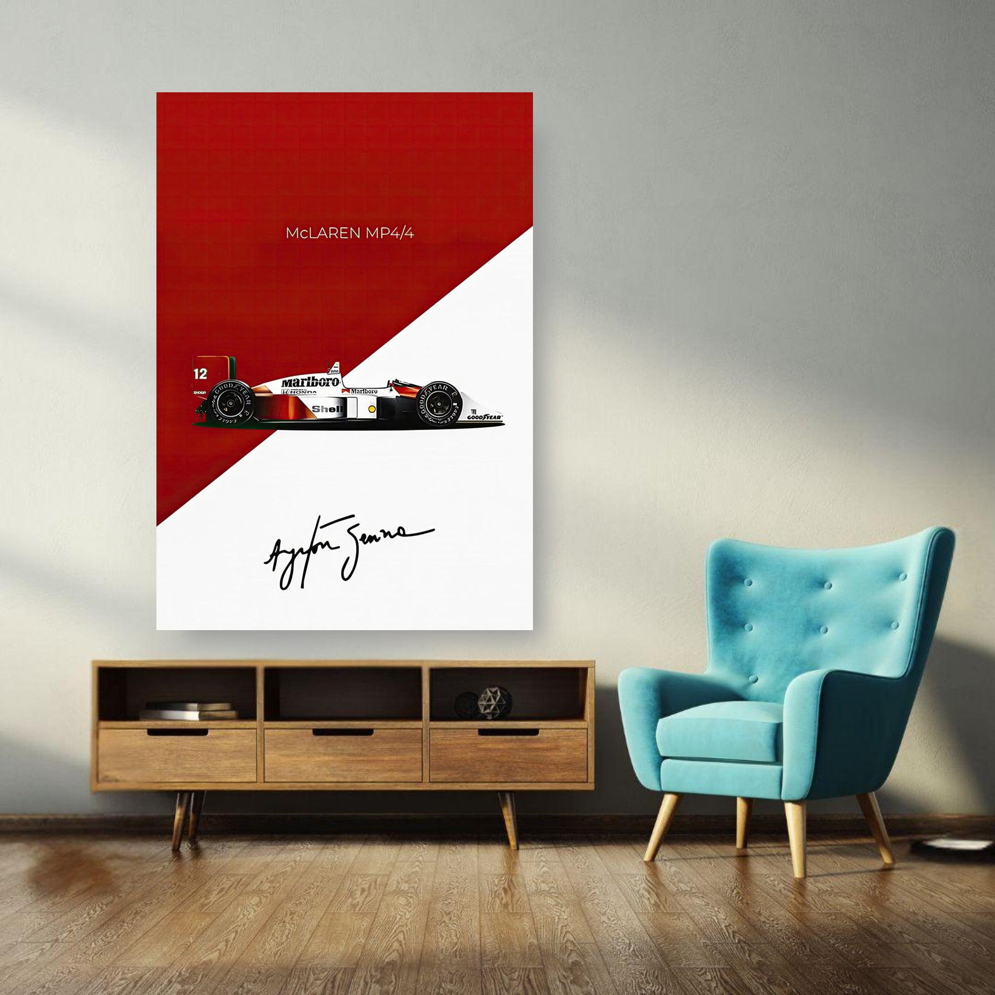 Ayrton Senna McLaren MP4/4 poster displayed in a modern living room, celebrating F1 racing legacy.