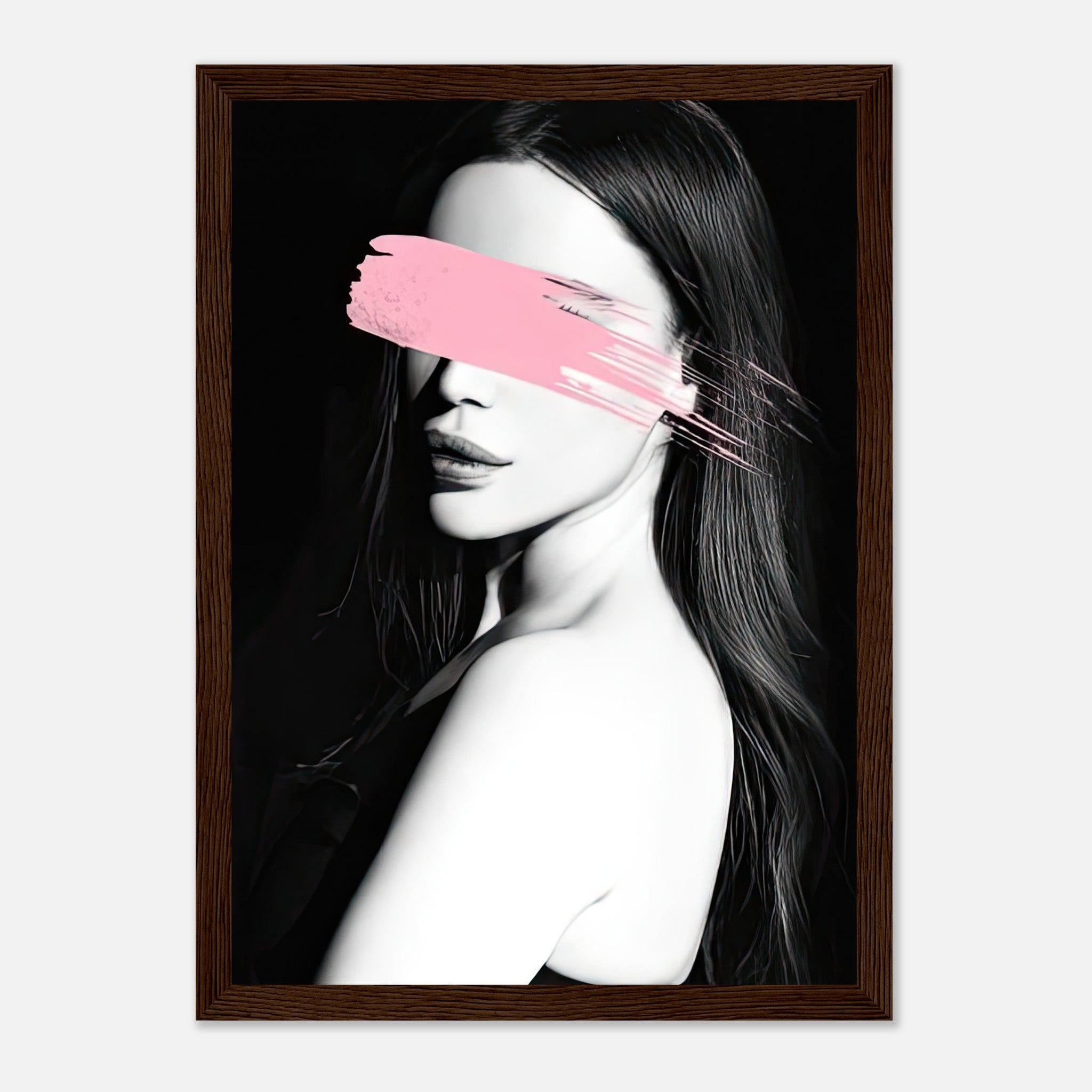 Pink Blindness Framed Print, monochromatic portrait with vibrant pink brushstroke, modern home decor accent.