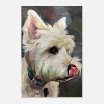 Lifelike brushed metal painting of a Westie dog, highlighting its playful personality and vibrant colors.
