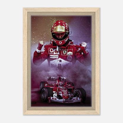 Michael Schumacher framed canvas print depicting the legendary driver in his iconic Ferrari racing suit with his car.