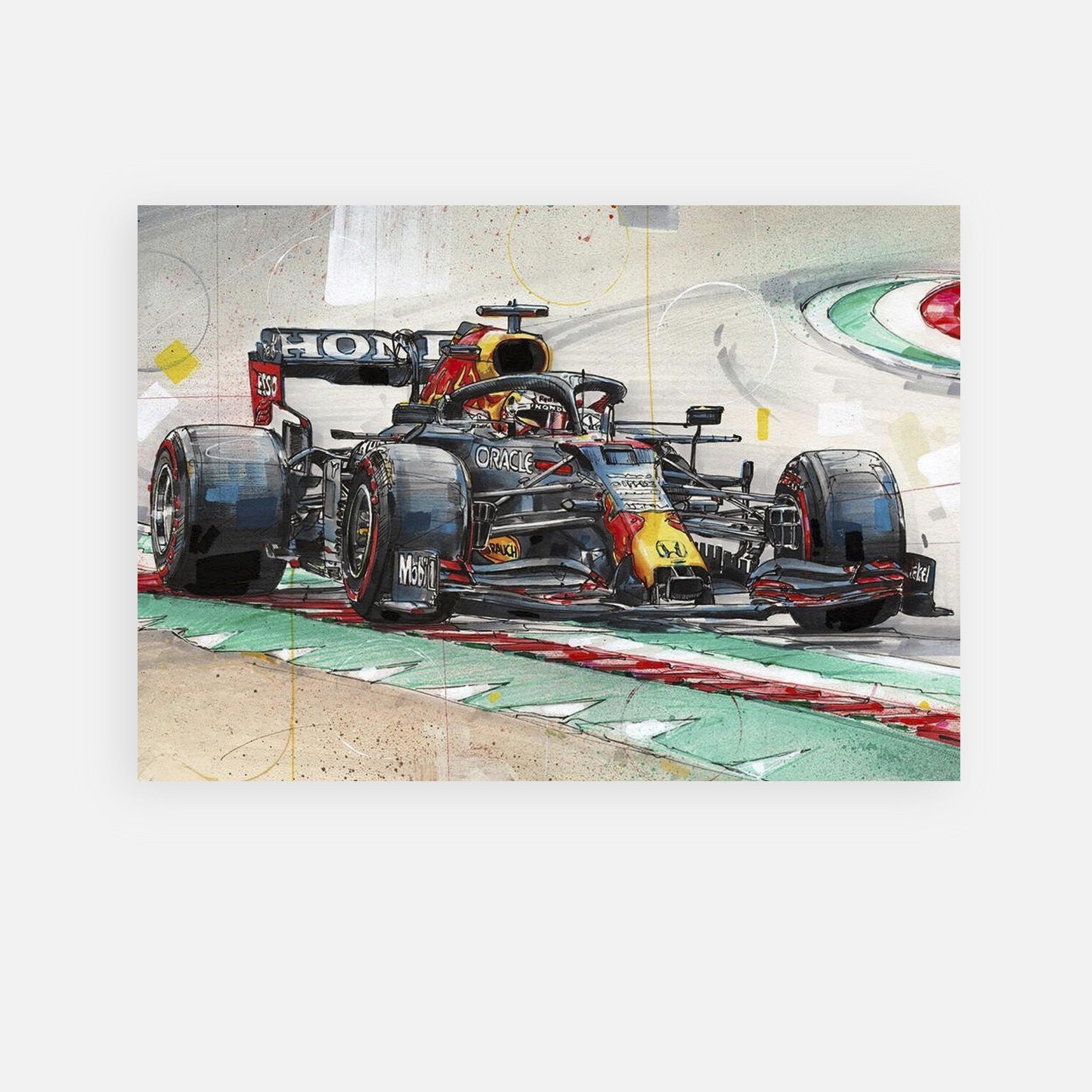 Max Verstappen Red Bull F1 car metal print, showcasing dynamic racing art on aluminum panel.