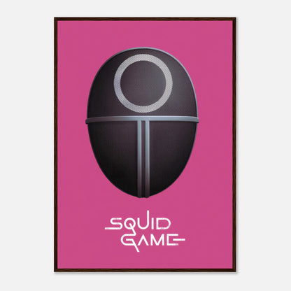 Squid Game Guard Mask framed print with black mask design on pink background, perfect for fans of the Netflix series.