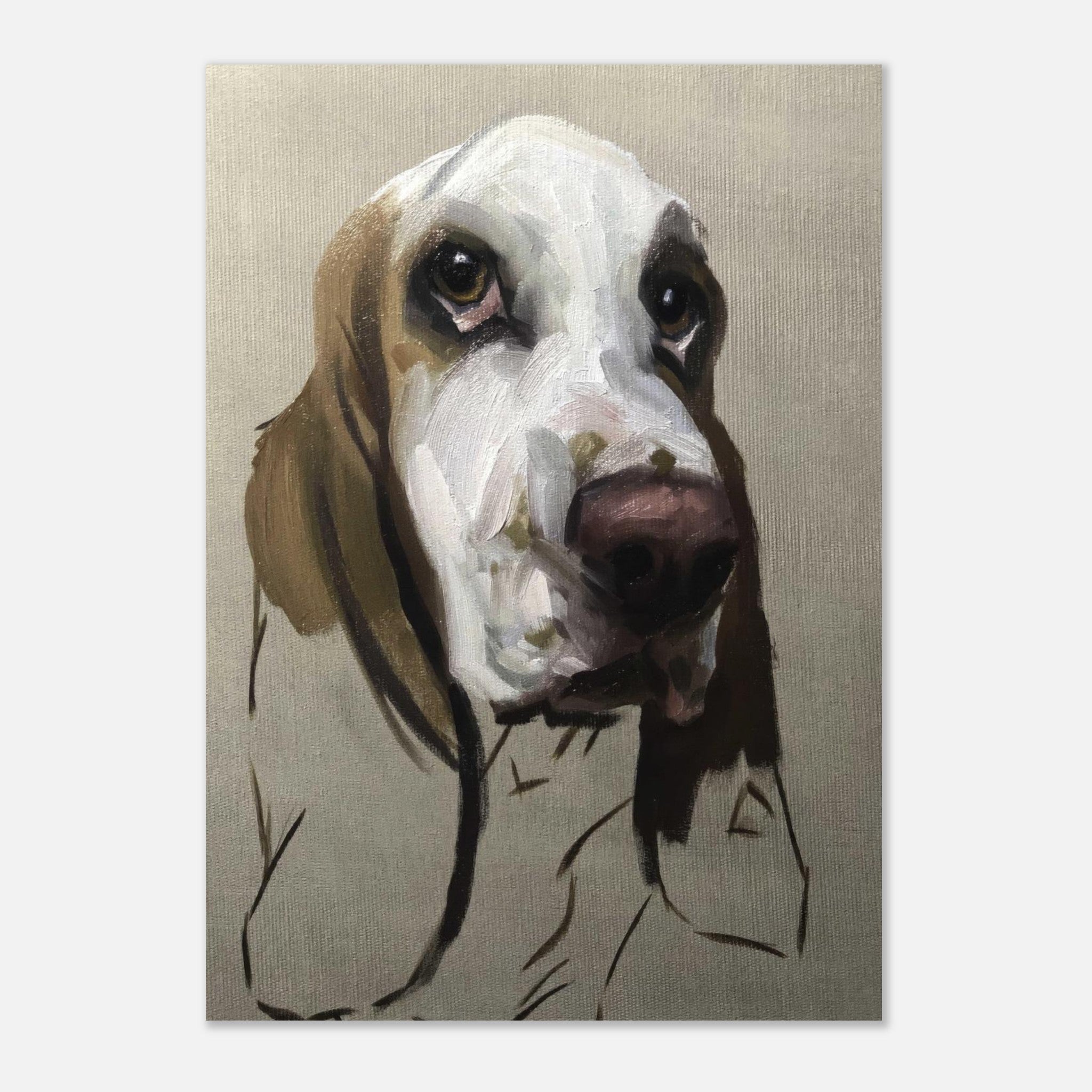 Basset Hound dog painting poster showcasing detailed portrait with expressive eyes and droopy ears.