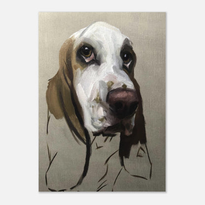 Basset Hound dog painting poster showcasing detailed portrait with expressive eyes and droopy ears.