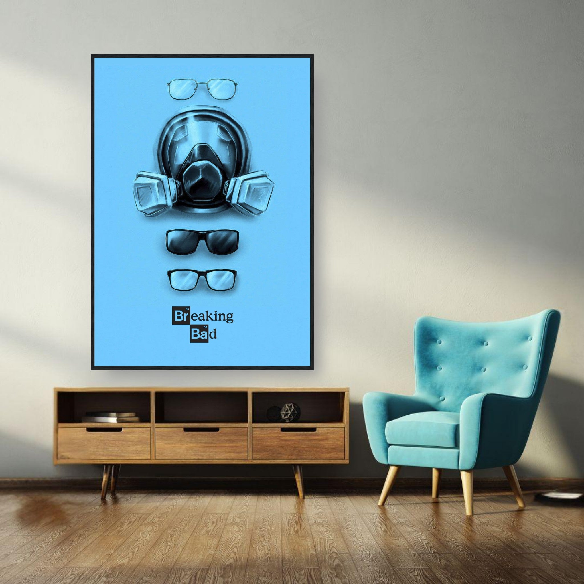 Minimalist Breaking Bad poster featuring Walter White's gas mask and glasses on a bold blue background.