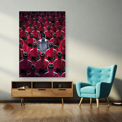 Stunning Squid Game Guards metal print featuring iconic pink-clad guards and their leader, displayed in a modern living room.