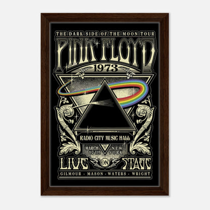 Pink Floyd 1973 Dark Side of the Moon canvas print featuring iconic prism artwork, framed and detailed design.