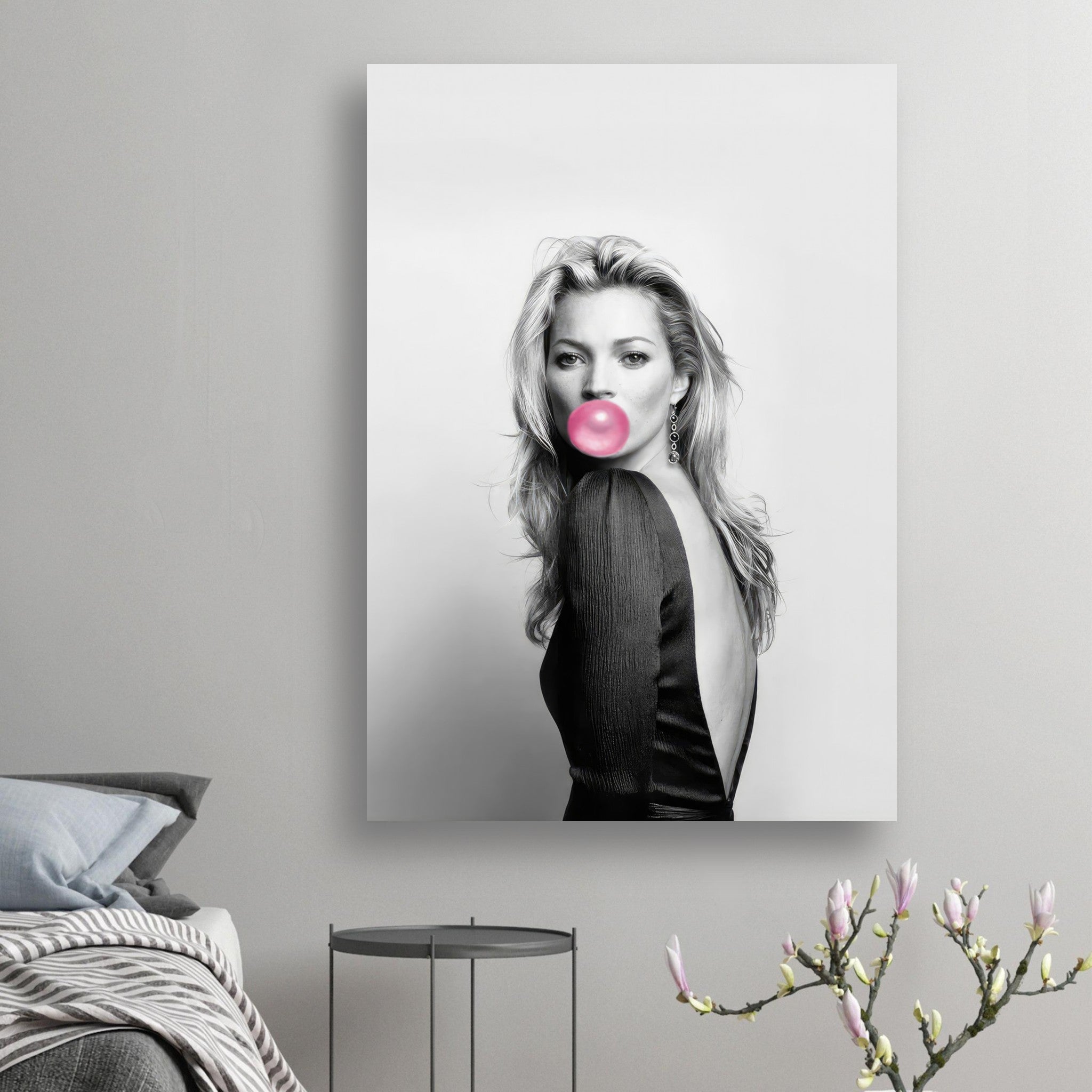 Kate Moss Bubble Gum Poster in black and white with pink bubble, adding chic sophistication to modern interiors.