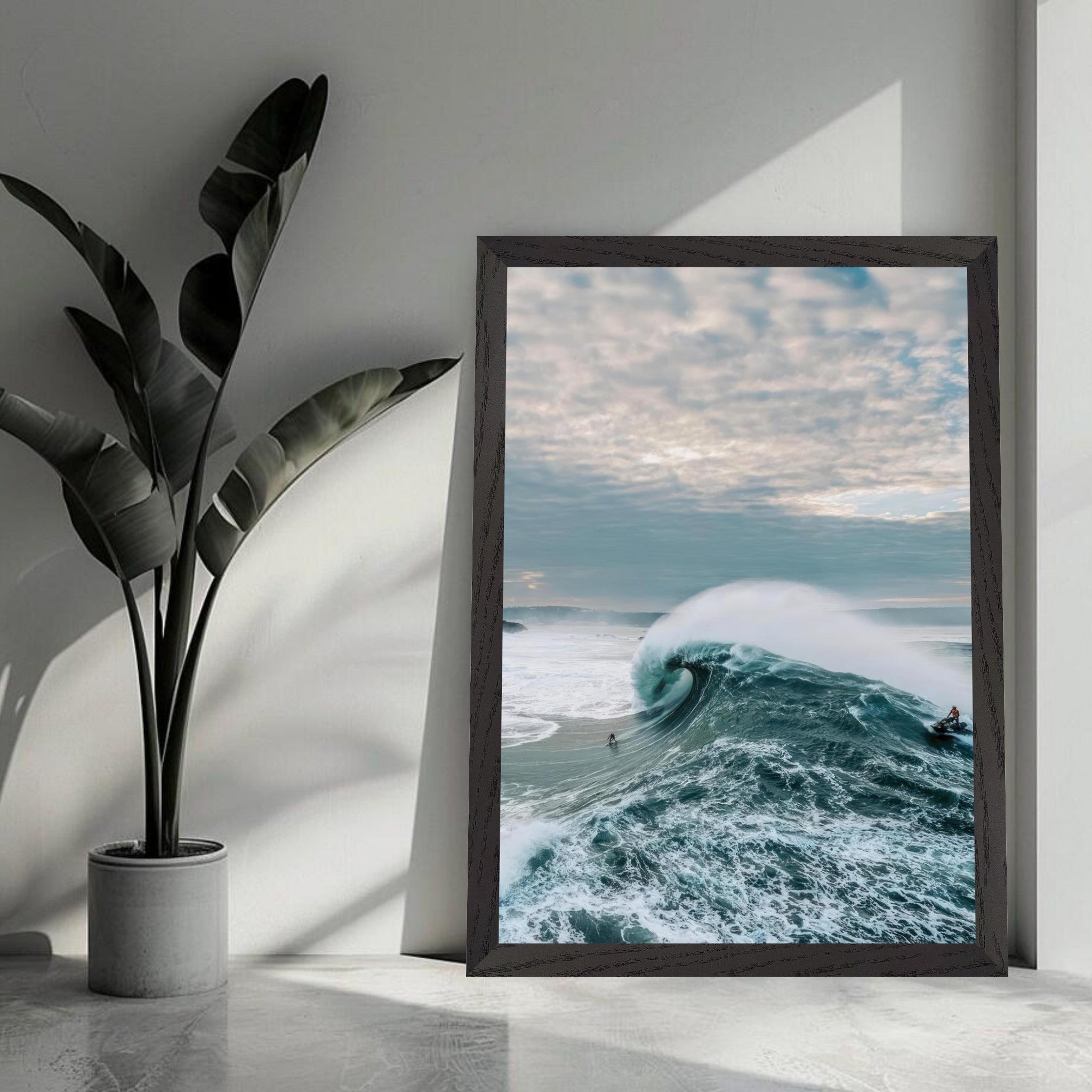 Big Wave Surfing Vintage Framed Print showcasing a surfer riding a massive wave with a dramatic sky.
