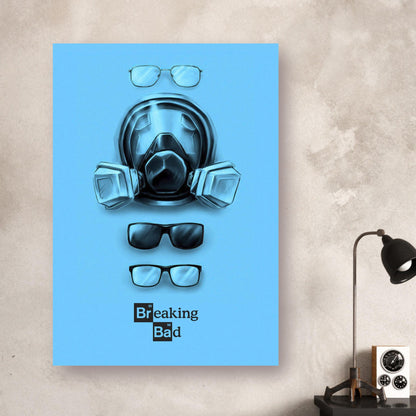 Minimalist Breaking Bad poster featuring a gas mask and eyewear against a bold blue background.