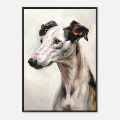 Elegant Greyhound dog painting in fine art style with soft brushstrokes and muted colors.