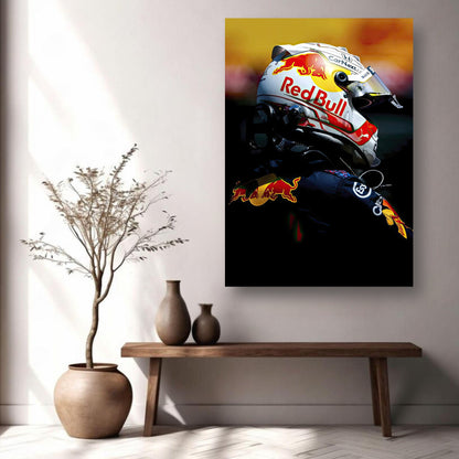 Max Verstappen Red Bull Racing metal print showcasing vibrant colors and sleek motorsport design in a modern home setting.