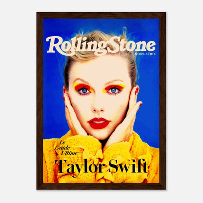 Taylor Swift Rolling Stone magazine cover framed print featuring vibrant colors and a striking portrait, celebrating her artistry.