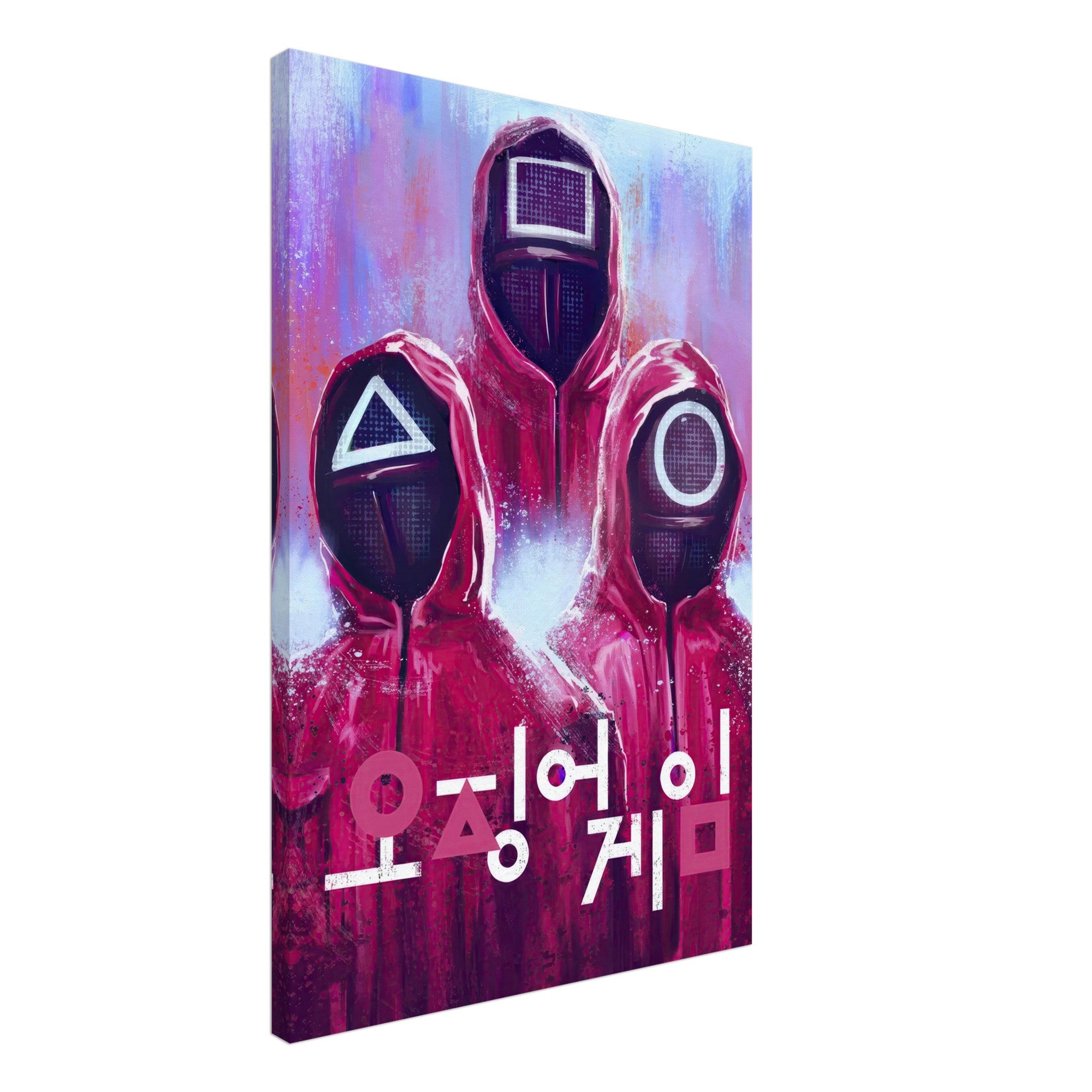 Squid Game canvas print featuring iconic masked characters and Korean text in vibrant red and purple colors.