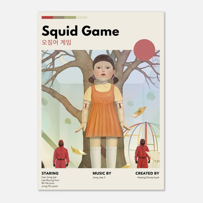 Vintage Squid Game poster featuring the iconic Red Light, Green Light doll in retro style and muted tones.