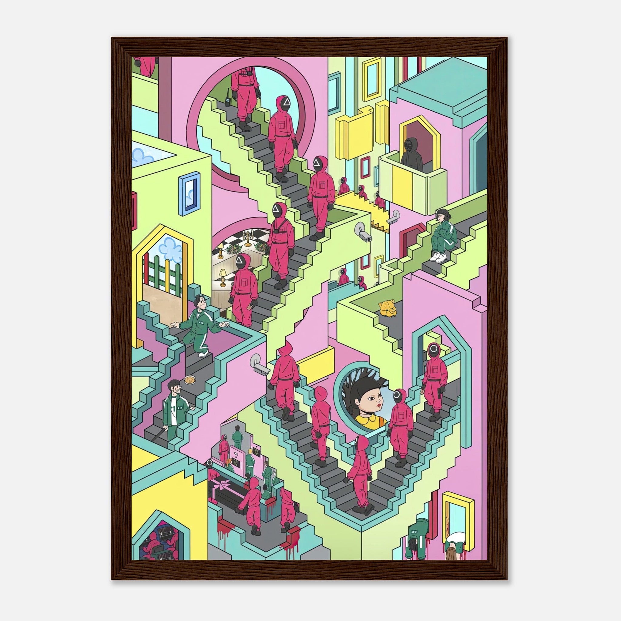 Squid Game Stairs framed print featuring vibrant pastel tones and intricate staircase design with faceless guards and characters.