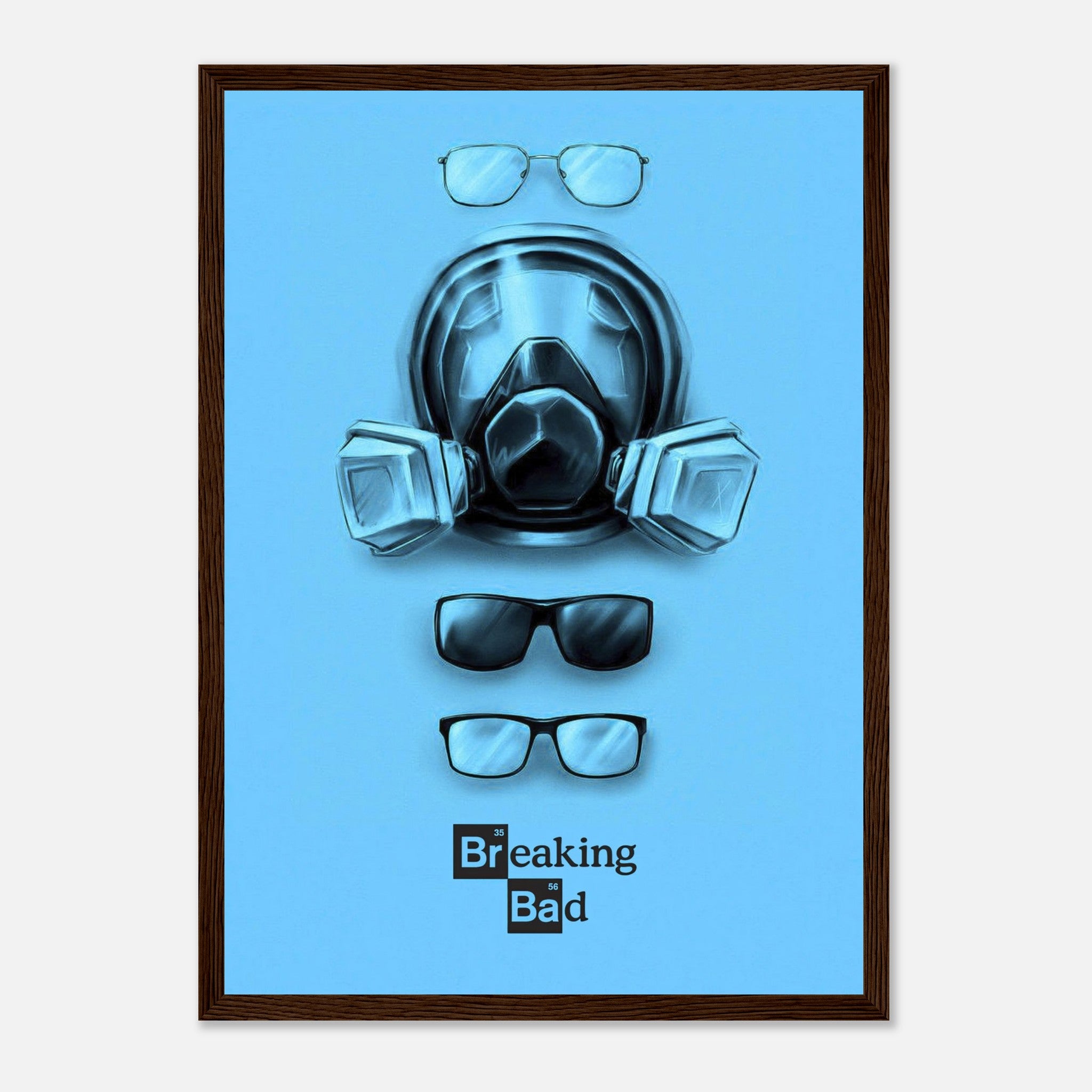 Minimalist Breaking Bad poster featuring a gas mask and glasses on a bold blue background.