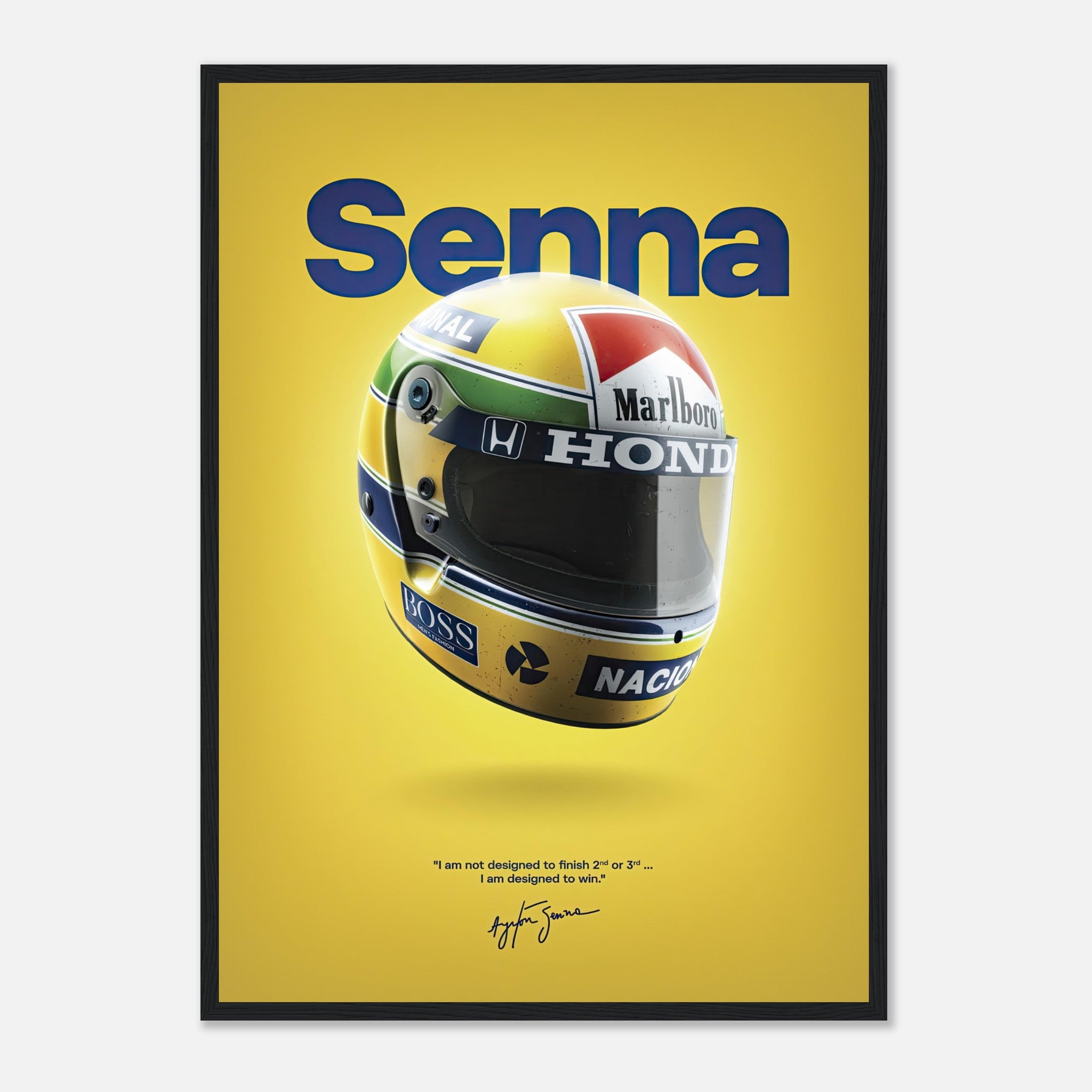 Ayrton Senna helmet framed poster featuring vibrant colors and inspiring quote on a bold yellow background.