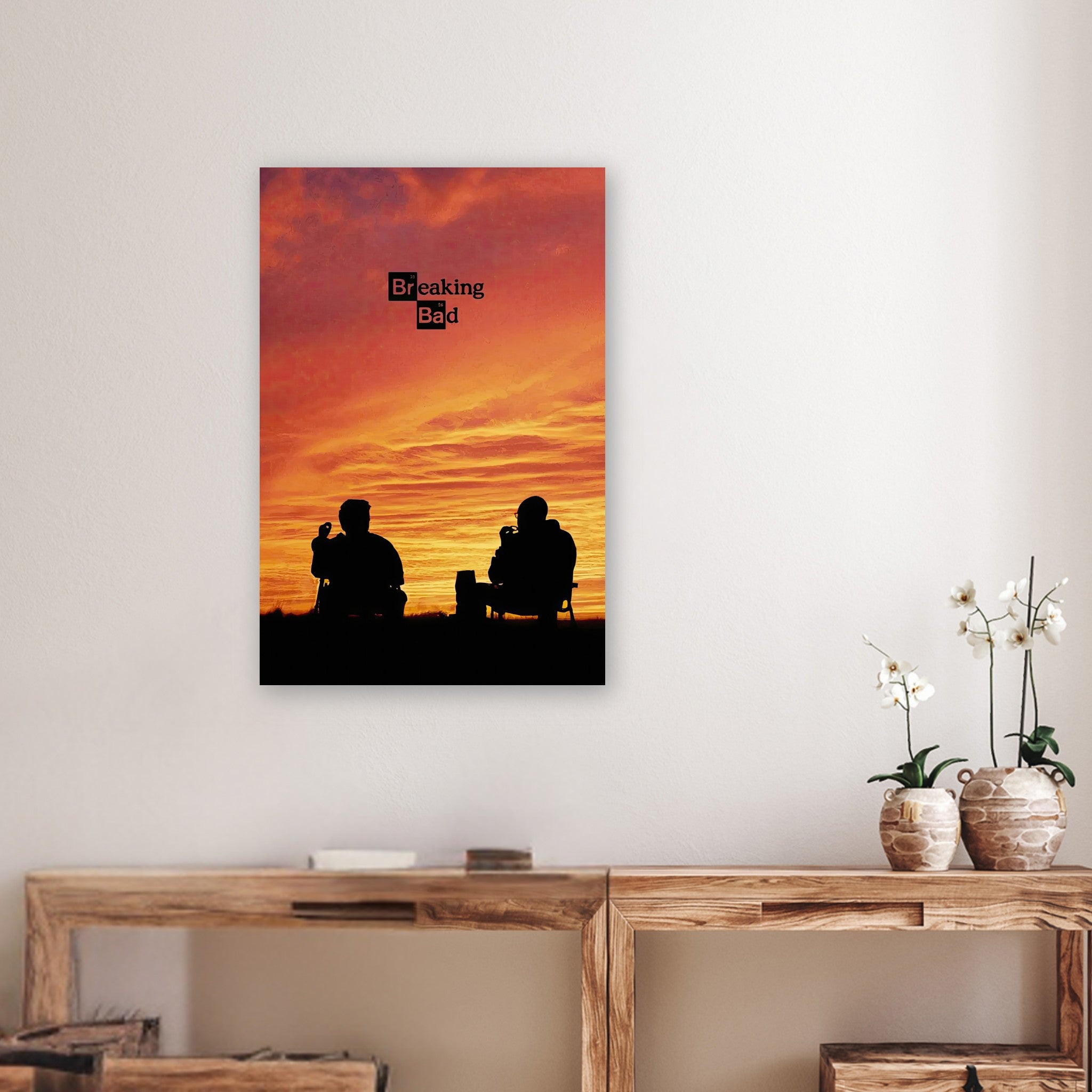 Breaking Bad metal print featuring two characters against a vibrant sunset, perfect for fans of the acclaimed series.