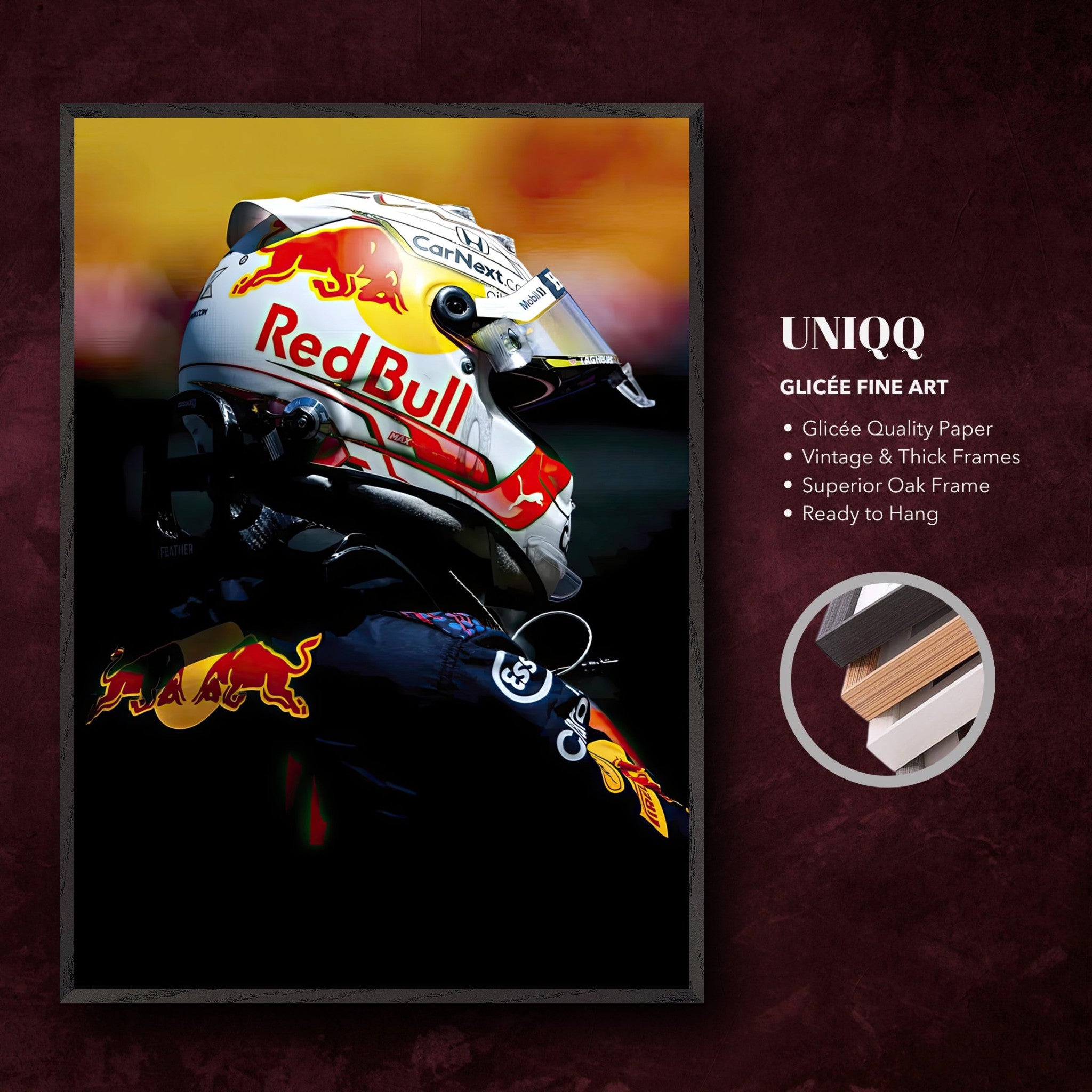 Max Verstappen fine art print with vibrant colors and a Red Bull helmet, framed and ready to hang for racing enthusiasts.