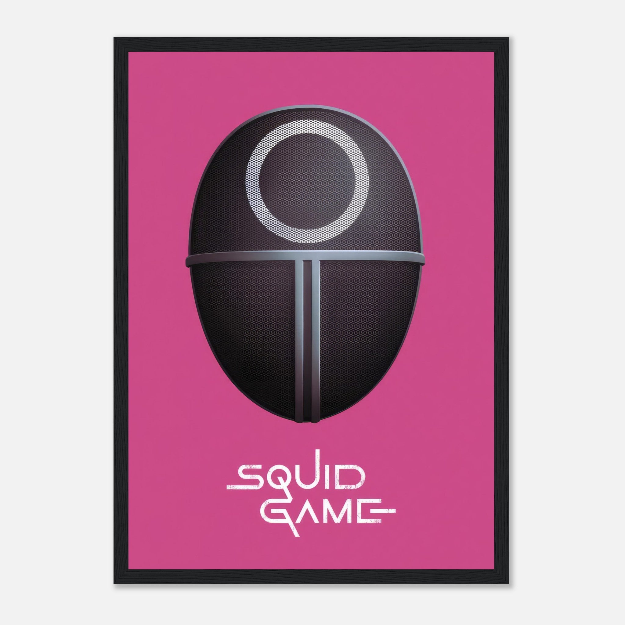 Squid Game Guard Mask framed print on a bold pink background, featuring iconic design for fans of the Netflix series.