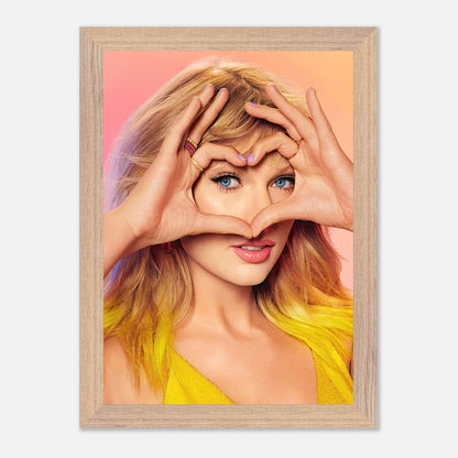 Taylor Swift vintage framed print, vibrant colors, heart gesture, perfect for fans and collectors.