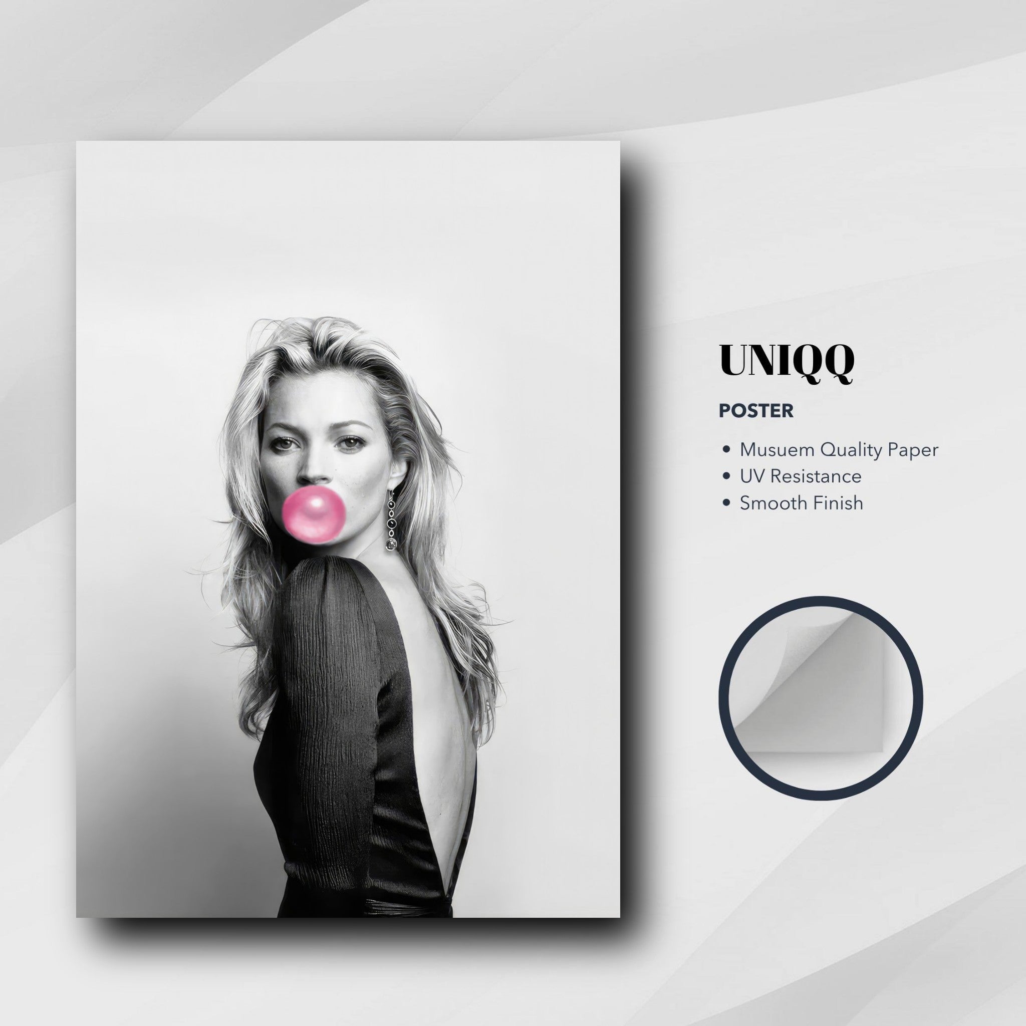 Iconic Kate Moss Bubble Gum Poster in black-and-white with vibrant pink bubble, perfect for contemporary decor.