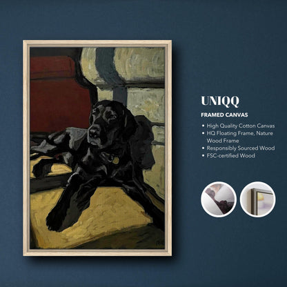 Framed canvas print of a black Labrador dog lounging in a warm light, showcasing artistic brushstrokes.