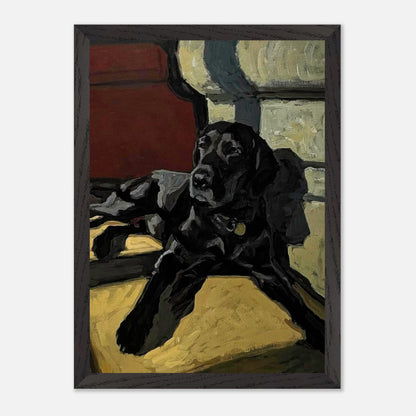 Black Labrador dog painting in vintage frame, capturing the loyal pet basking in warm light.