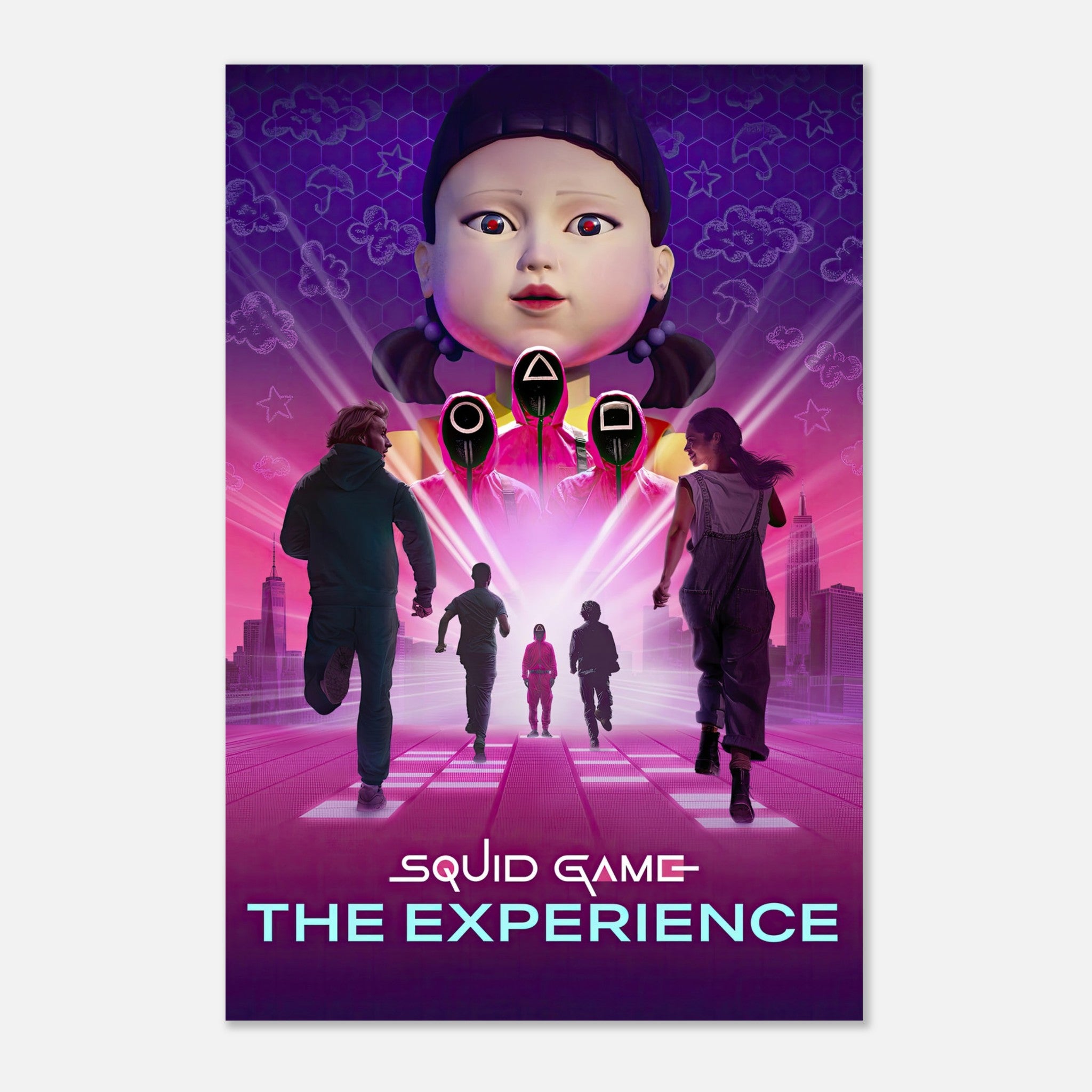 Squid Game The Experience poster featuring iconic characters in a vibrant, dramatic scene with striking colors and details.